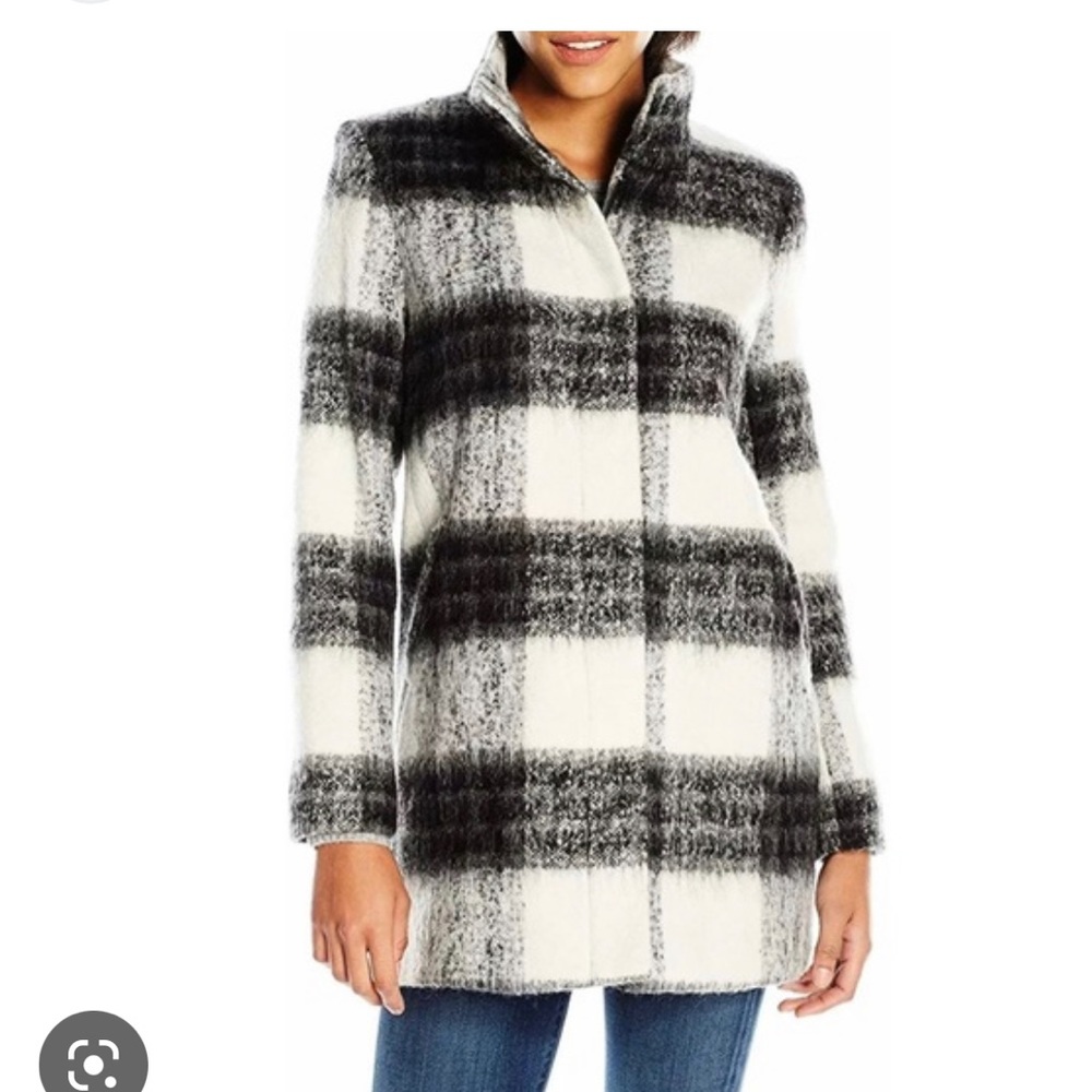 Kensie Black & White Plaid Mohair Blanket Wool Blend Coat